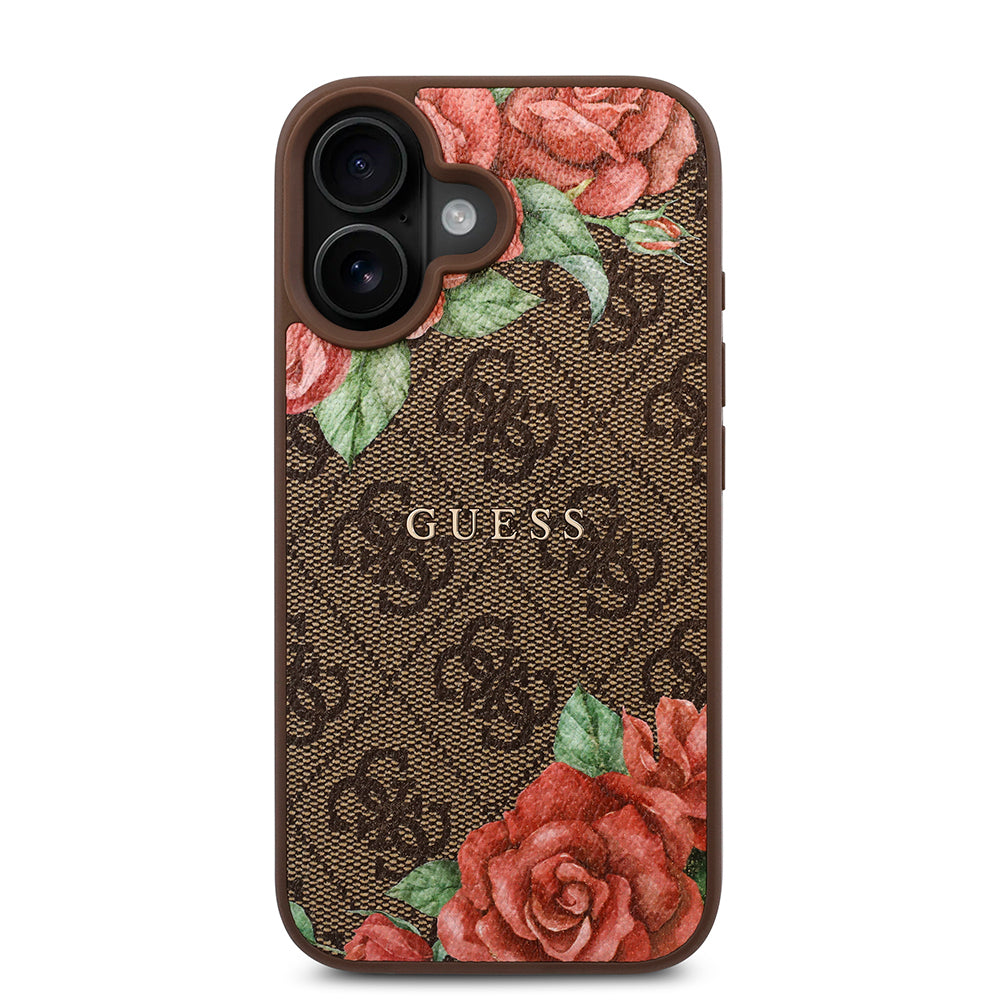 Apple iPhone 16 Plus Case Guess Original Licensed M-safe Charging Feature Rose Printed 4G Patterned Text Logo Cover Black