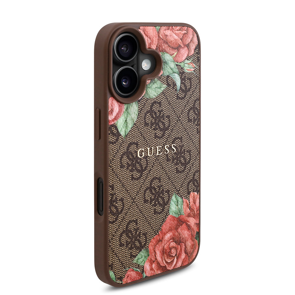 Apple iPhone 16 Plus Case Guess Original Licensed M-safe Charging Feature Rose Printed 4G Patterned Text Logo Cover Brown