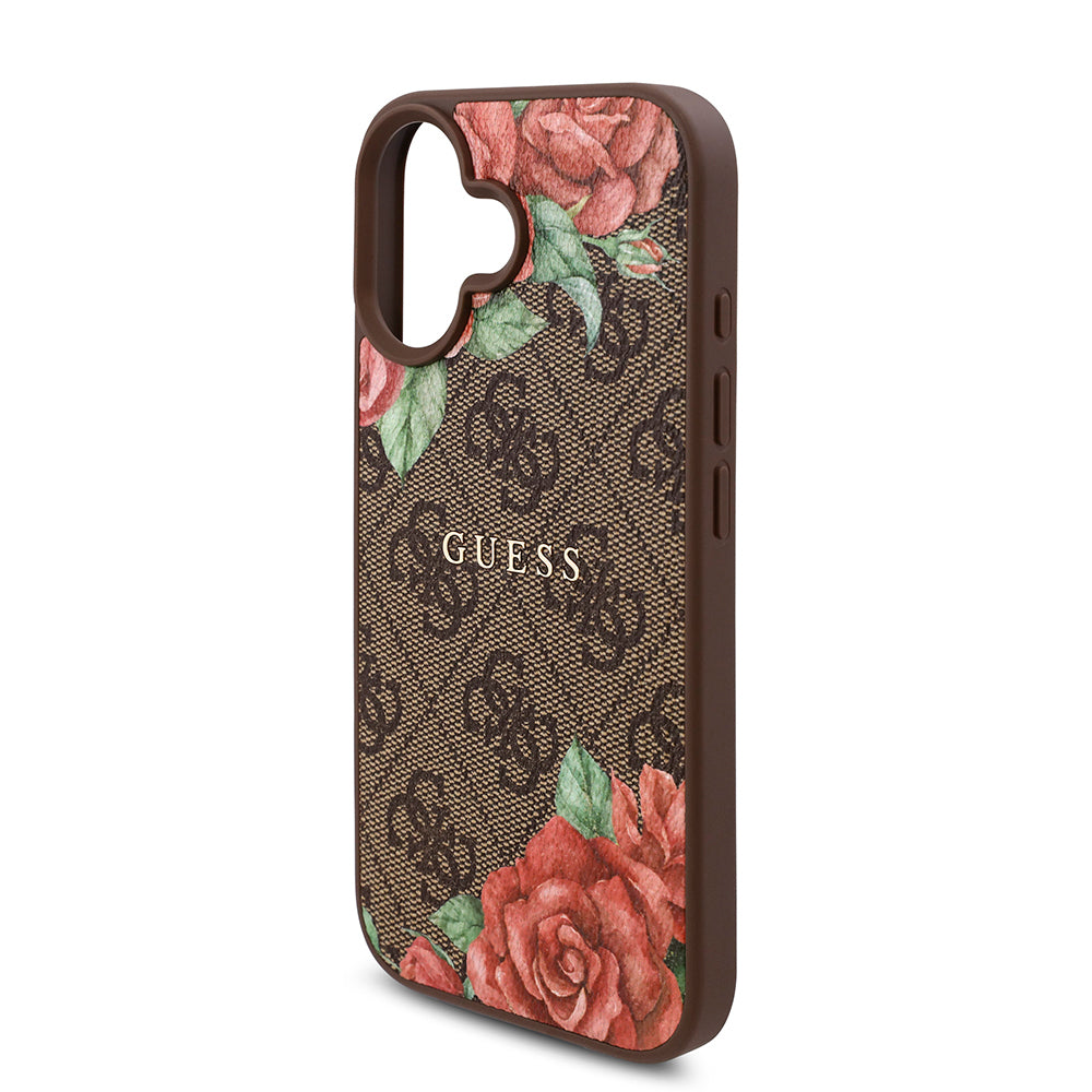 Apple iPhone 16 Plus Case Guess Original Licensed M-safe Charging Feature Rose Printed 4G Patterned Text Logo Cover Black