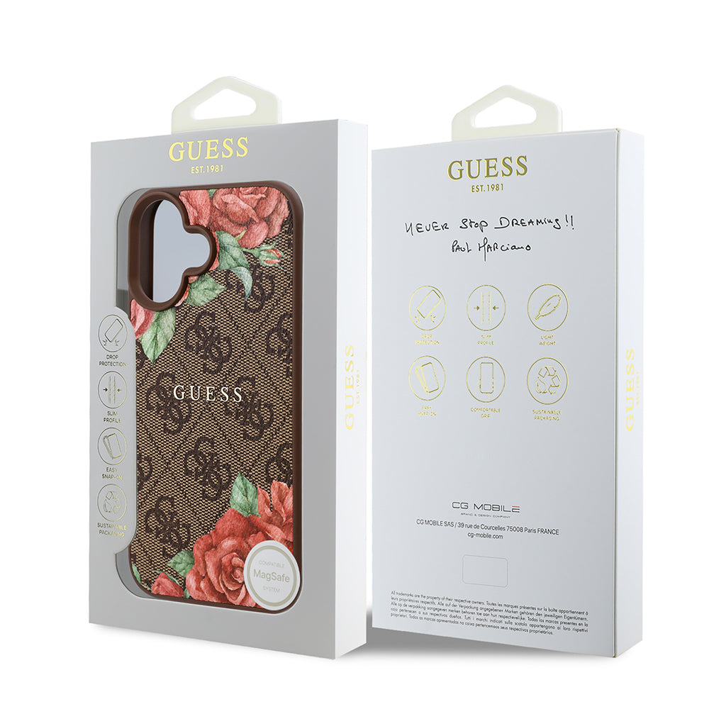 Apple iPhone 16 Plus Case Guess Original Licensed M-safe Charging Feature Rose Printed 4G Patterned Text Logo Cover Brown