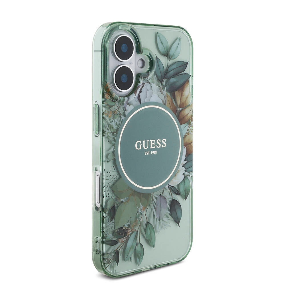 Apple iPhone 16 Plus Case Guess Original Licensed M-Safe Charging Feature IML Printed Flower Pearl Bracelet Cover Green
