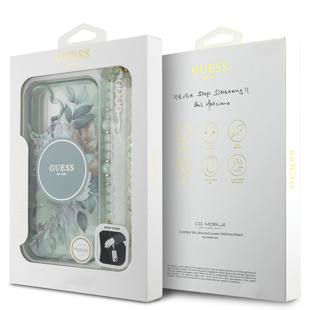 Apple iPhone 16 Plus Case Guess Original Licensed M-Safe Charging Feature IML Printed Flower Pearl Bracelet Cover Green
