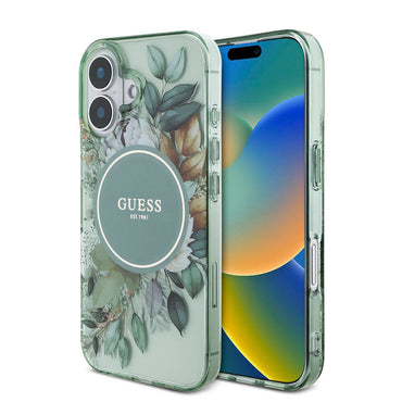 Apple iPhone 16 Plus Case Guess Original Licensed M-safe Charging Feature IML Printed Flower Pearl Bracelet Cover Pink