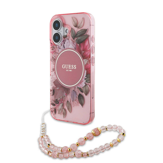 Apple iPhone 16 Plus Case Guess Original Licensed M-safe Charging Feature IML Printed Flower Pearl Bracelet Cover Pink