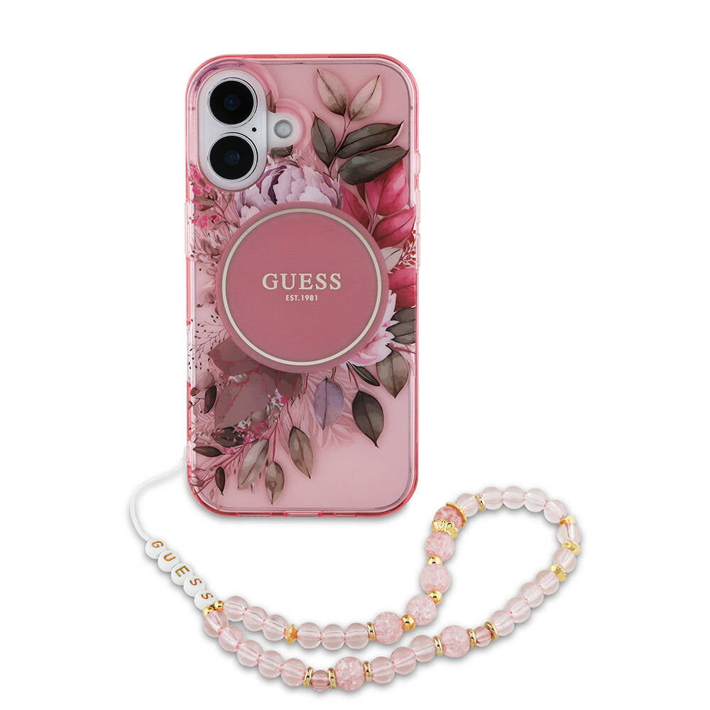 Apple iPhone 16 Plus Case Guess Original Licensed M-safe Charging Feature IML Printed Flower Pearl Bracelet Cover Pink