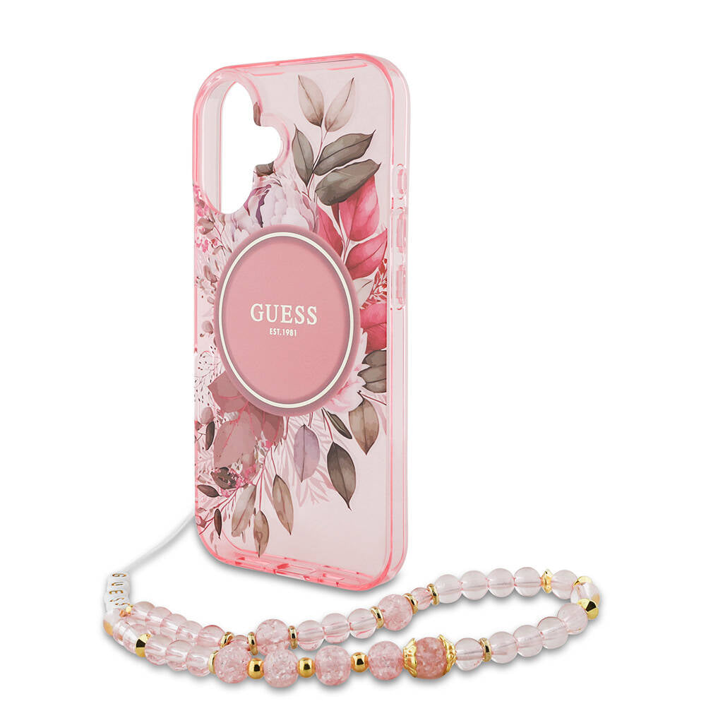 Apple iPhone 16 Plus Case Guess Original Licensed M-safe Charging Feature IML Printed Flower Pearl Bracelet Cover Pink
