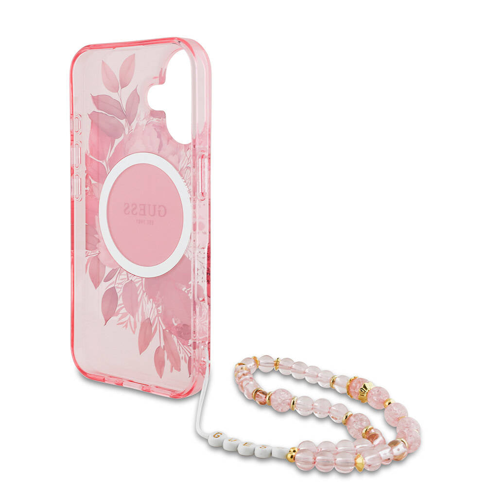 Apple iPhone 16 Plus Case Guess Original Licensed M-Safe Charging Feature IML Printed Flower Pearl Bracelet Cover Green