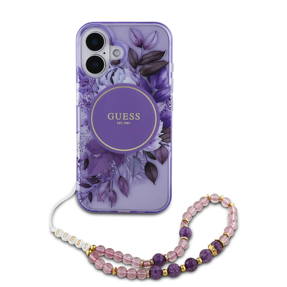 Apple iPhone 16 Plus Case Guess Original Licensed M-Safe Charging Feature IML Printed Flower Pearl Bracelet Cover Green