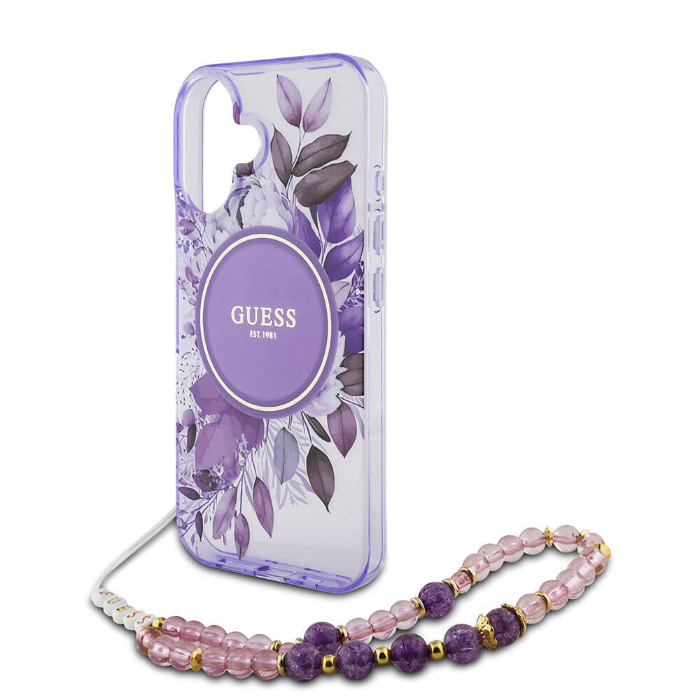 Apple iPhone 16 Plus Case Guess Original Licensed M-safe Charging Feature IML Printed Flower Pearl Bracelet Cover Pink