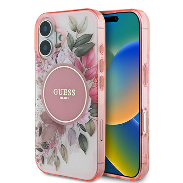 Apple iPhone 16 Plus Case Guess Original Licensed M-Safe Charging Feature IML Printed Text Logo Flower Tonal Circle Cover Green