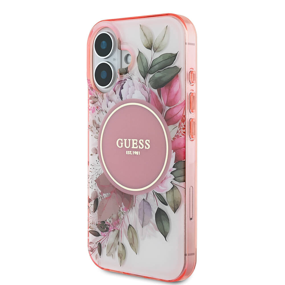 Apple iPhone 16 Plus Case Guess Original Licensed M-Safe Charging Feature IML Printed Text Logo Flower Tonal Circle Cover Green