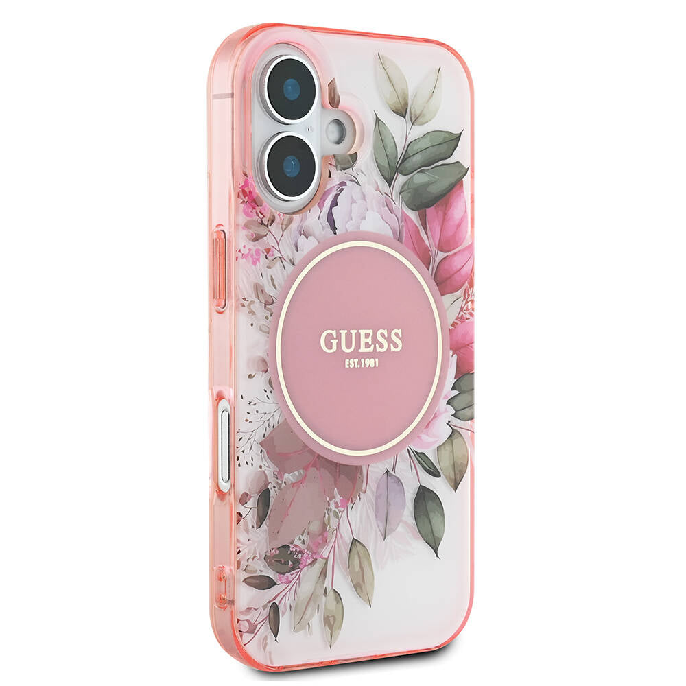 Apple iPhone 16 Plus Case Guess Original Licensed M-safe Charging Feature IML Printed Text Logo Flower Tonal Circle Cover Pink