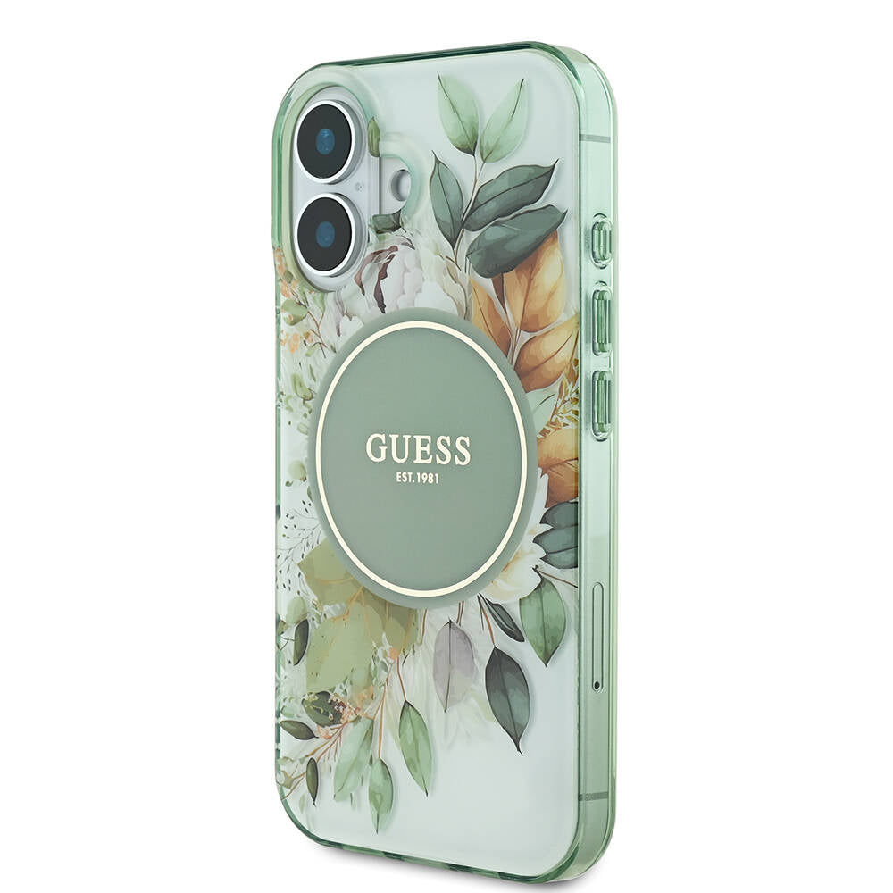 Apple iPhone 16 Plus Case Guess Original Licensed M-Safe Charging Feature IML Printed Text Logo Flower Tonal Circle Cover Green