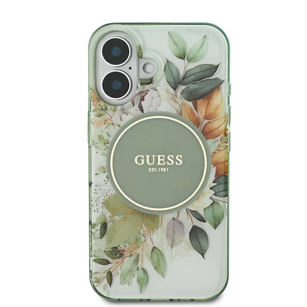 Apple iPhone 16 Plus Case Guess Original Licensed M-Safe Charging Feature IML Printed Text Logo Flower Tonal Circle Cover Green