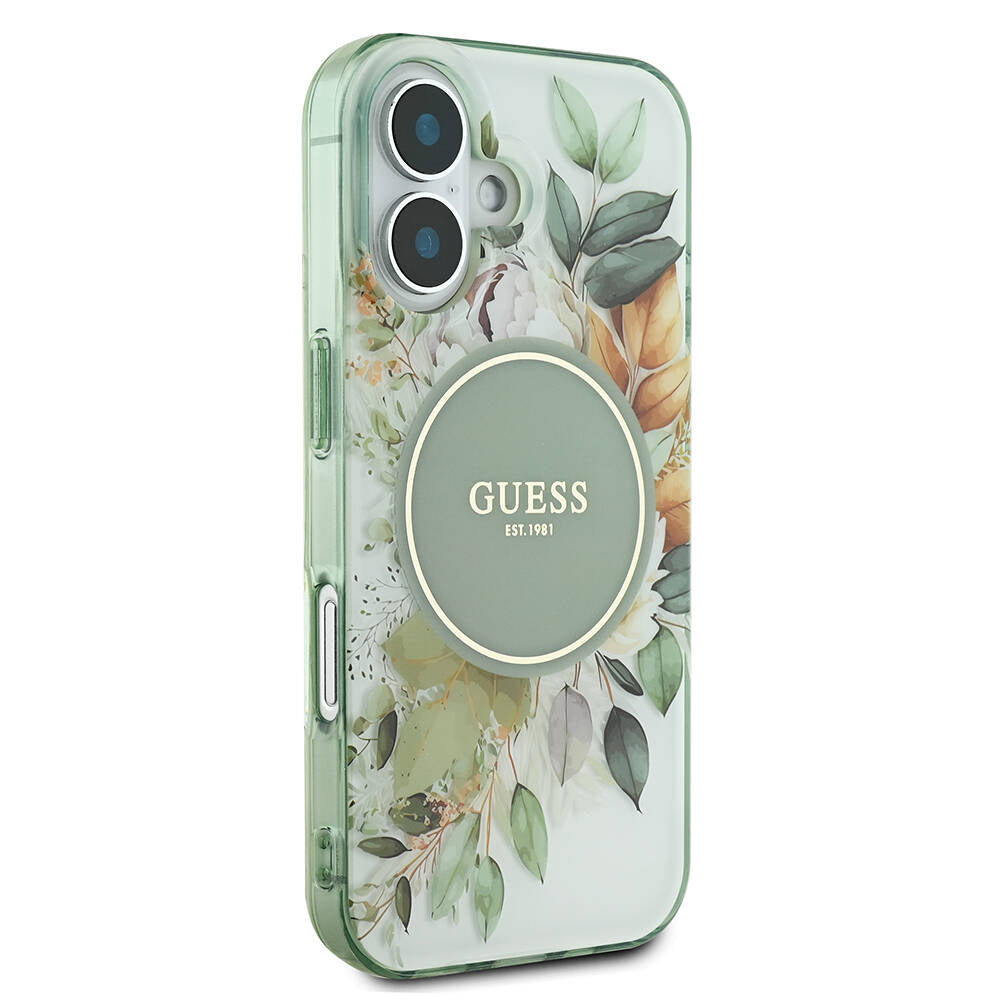 Apple iPhone 16 Plus Case Guess Original Licensed M-safe Charging Feature IML Printed Text Logo Flower Tonal Circle Cover Pink