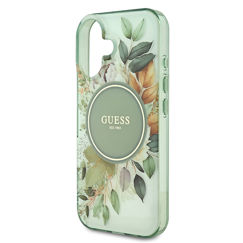 Apple iPhone 16 Plus Case Guess Original Licensed M-safe Charging Feature IML Printed Text Logo Flower Tonal Circle Cover Pink