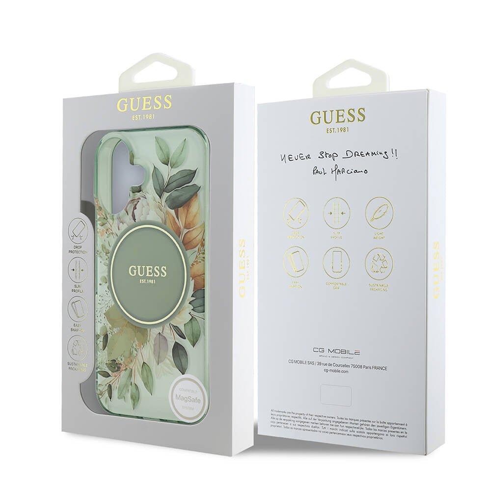 Apple iPhone 16 Plus Case Guess Original Licensed M-Safe Charging Feature IML Printed Text Logo Flower Tonal Circle Cover Green