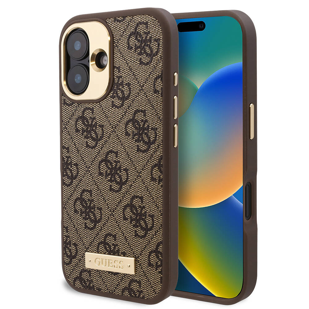 Apple iPhone 16 Plus Case Guess Original Licensed M-safe Charging Feature PU 4G Patterned Metal Plate Classic Logo Cover Brown