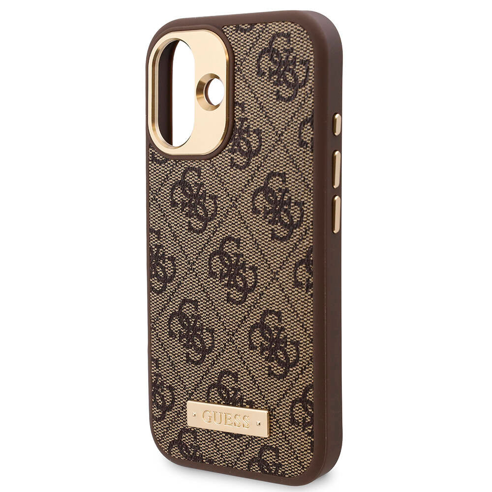 Apple iPhone 16 Plus Case Guess Original Licensed M-safe Charging Feature PU 4G Patterned Metal Plate Classic Logo Cover Pink 