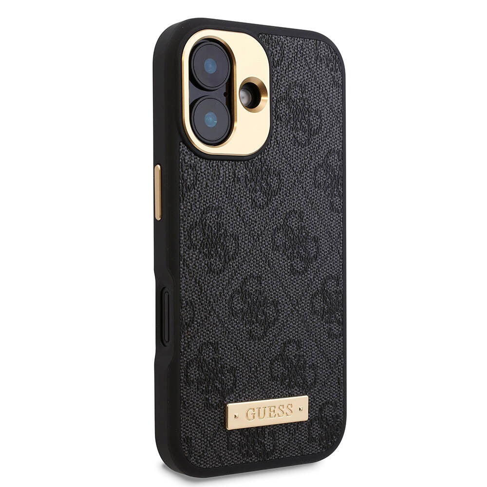Apple iPhone 16 Plus Case Guess Original Licensed M-safe Charging Feature PU 4G Patterned Metal Plate Classic Logo Cover Brown