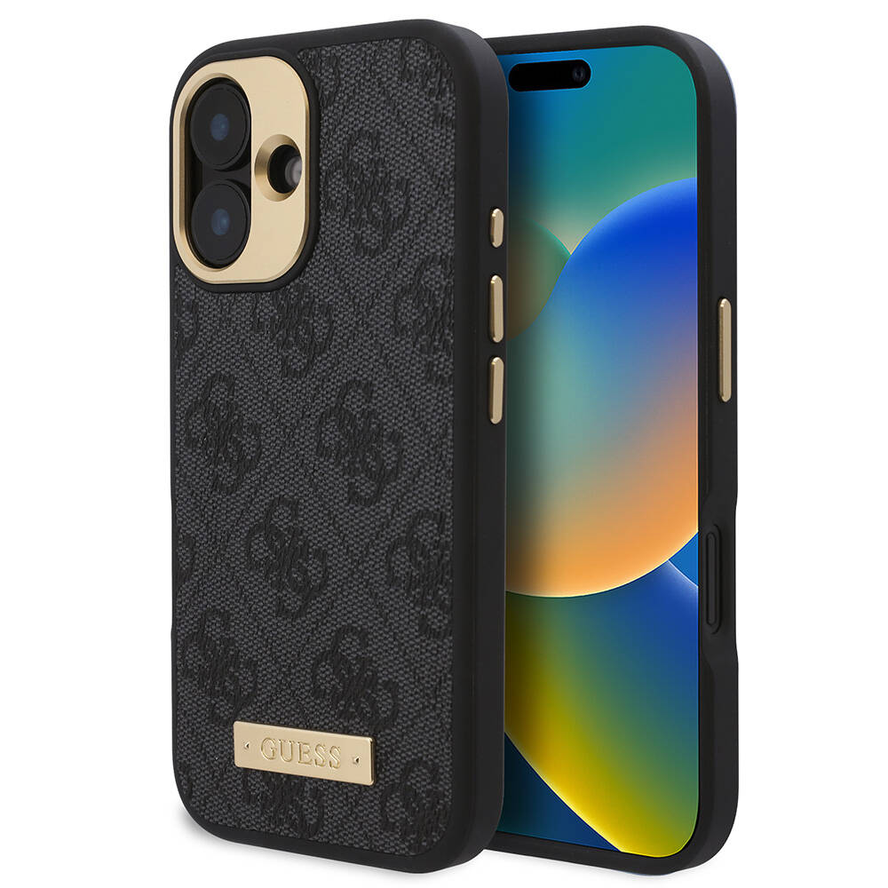 Apple iPhone 16 Plus Case Guess Original Licensed M-safe Charging Feature PU 4G Patterned Metal Plate Classic Logo Cover Brown