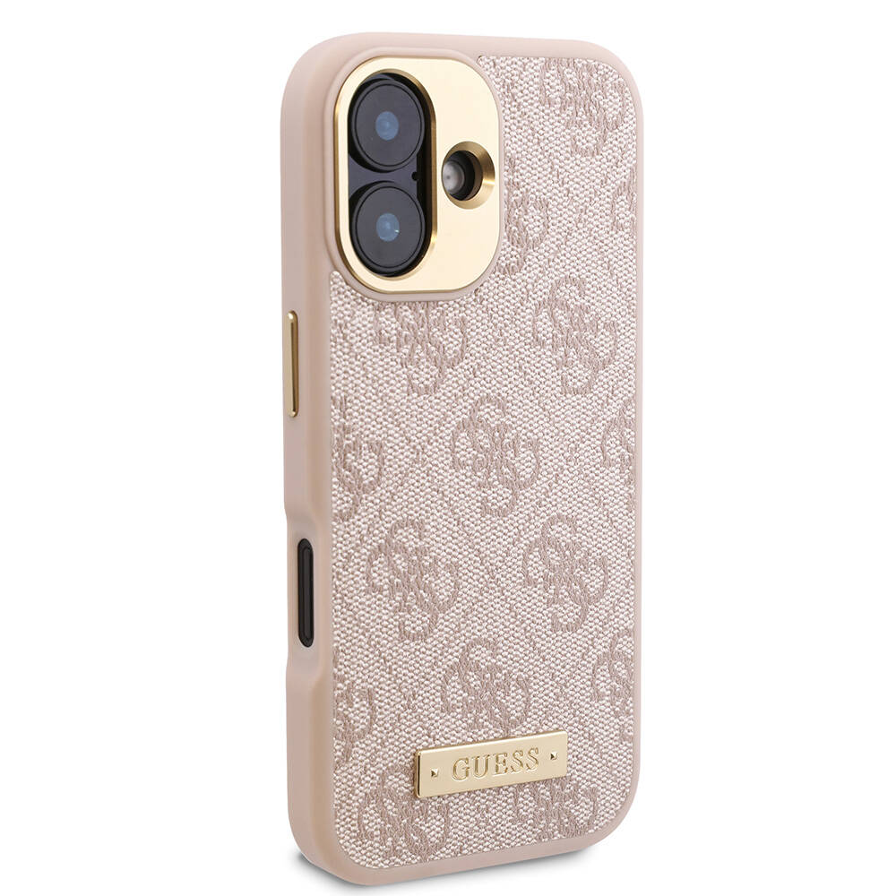 Apple iPhone 16 Plus Case Guess Original Licensed M-safe Charging Feature PU 4G Patterned Metal Plate Classic Logo Cover Pink 