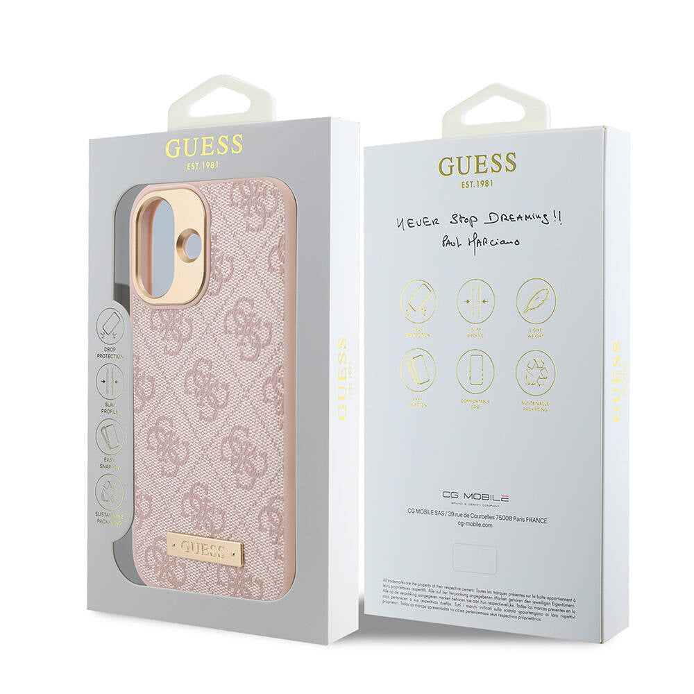 Apple iPhone 16 Plus Case Guess Original Licensed M-safe Charging Feature PU 4G Patterned Metal Plate Classic Logo Cover Brown