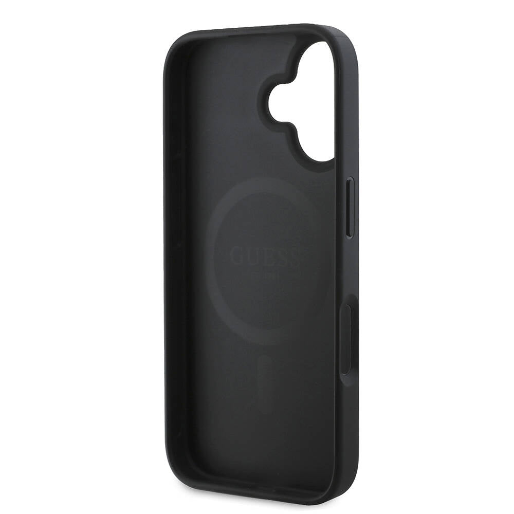 Apple iPhone 16 Plus Case Guess Original Licensed M-safe Charging Feature PU Leather 4G Patterned Stone Triangle Logo Cover Black