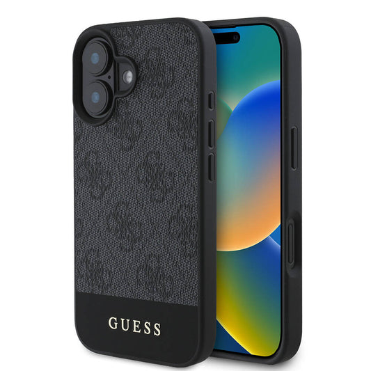 Apple iPhone 16 Plus Case Guess Original Licensed M-safe Charging Feature PU Leather Stripe Logo Design Cover Black