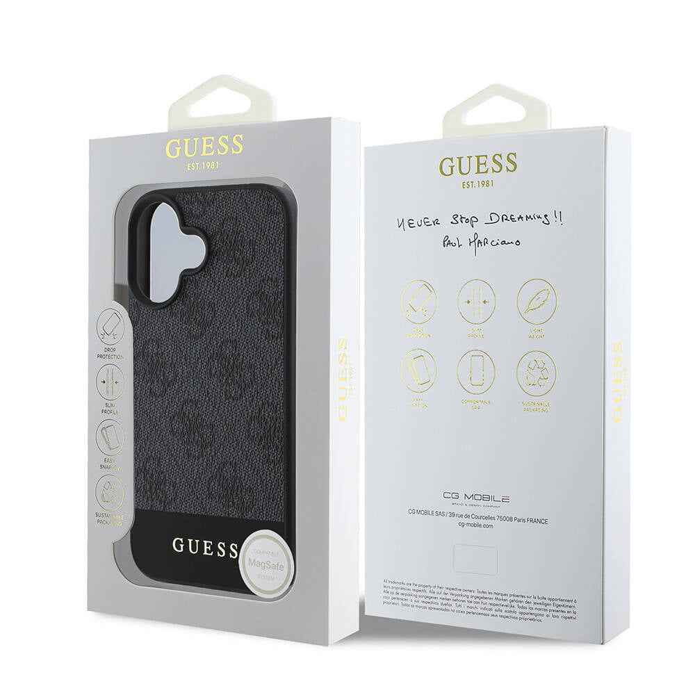 Apple iPhone 16 Plus Case Guess Original Licensed M-safe Charging Feature PU Leather Stripe Logo Design Cover Black