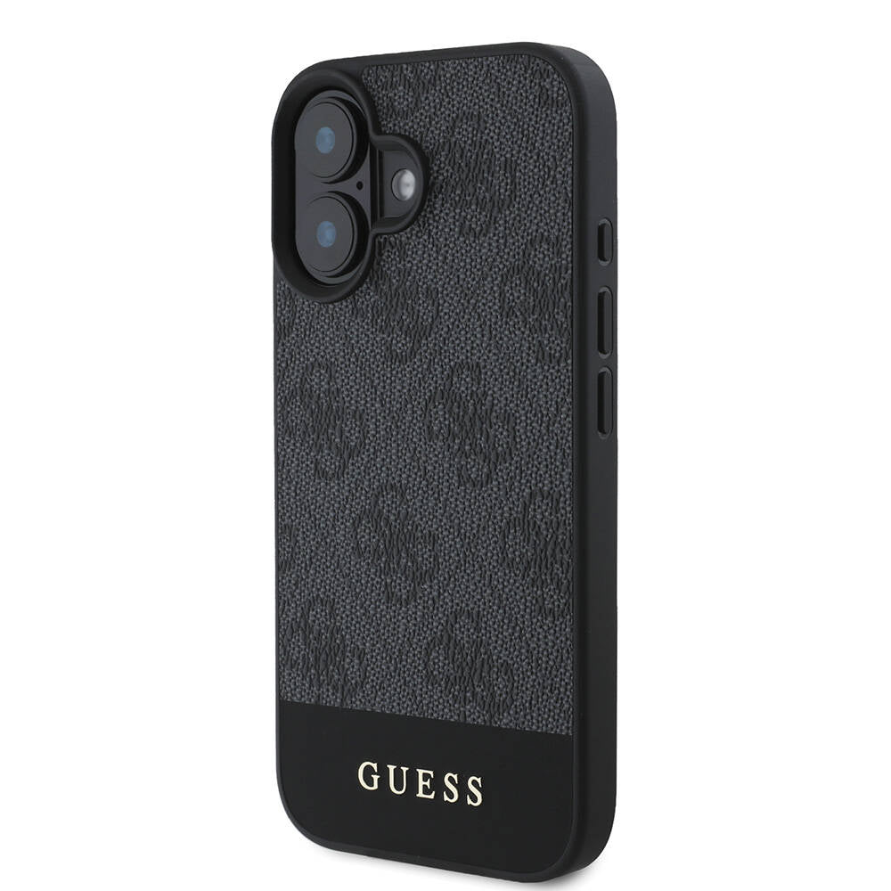 Apple iPhone 16 Plus Case Guess Original Licensed M-safe Charging Feature PU Leather Stripe Logo Design Cover Brown