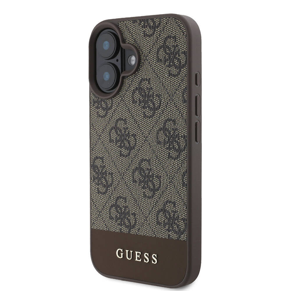 Apple iPhone 16 Plus Case Guess Original Licensed M-safe Charging Feature PU Leather Stripe Logo Design Cover Brown