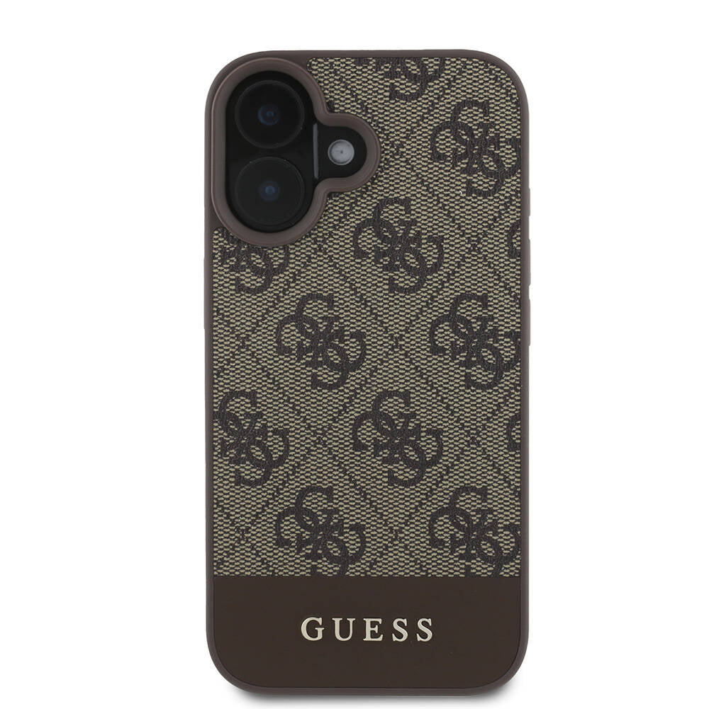 Apple iPhone 16 Plus Case Guess Original Licensed M-safe Charging Feature PU Leather Stripe Logo Design Cover Black