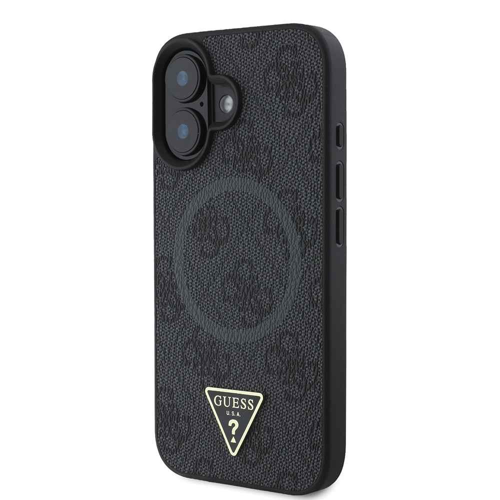Apple iPhone 16 Plus Case Guess Original Licensed M-safe Charging Feature PU Triangle Logo 4G Patterned Cover Black