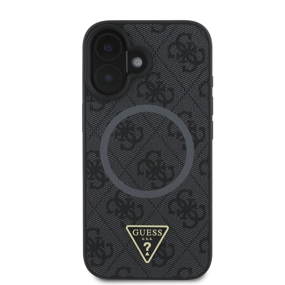 Apple iPhone 16 Plus Case Guess Original Licensed M-safe Charging Feature PU Triangle Logo 4G Patterned Cover Black