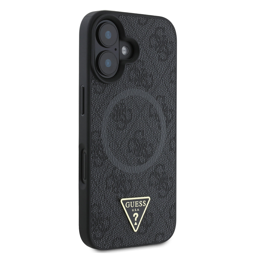 Apple iPhone 16 Plus Case Guess Original Licensed M-safe Charging Feature PU Triangle Logo 4G Patterned Cover Black