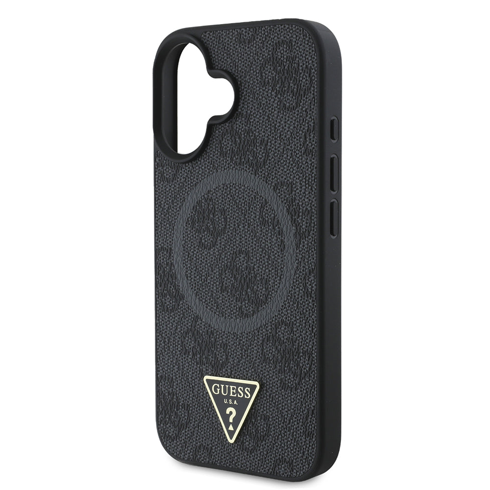 Apple iPhone 16 Plus Case Guess Original Licensed M-safe Charging Feature PU Triangle Logo 4G Patterned Cover Black