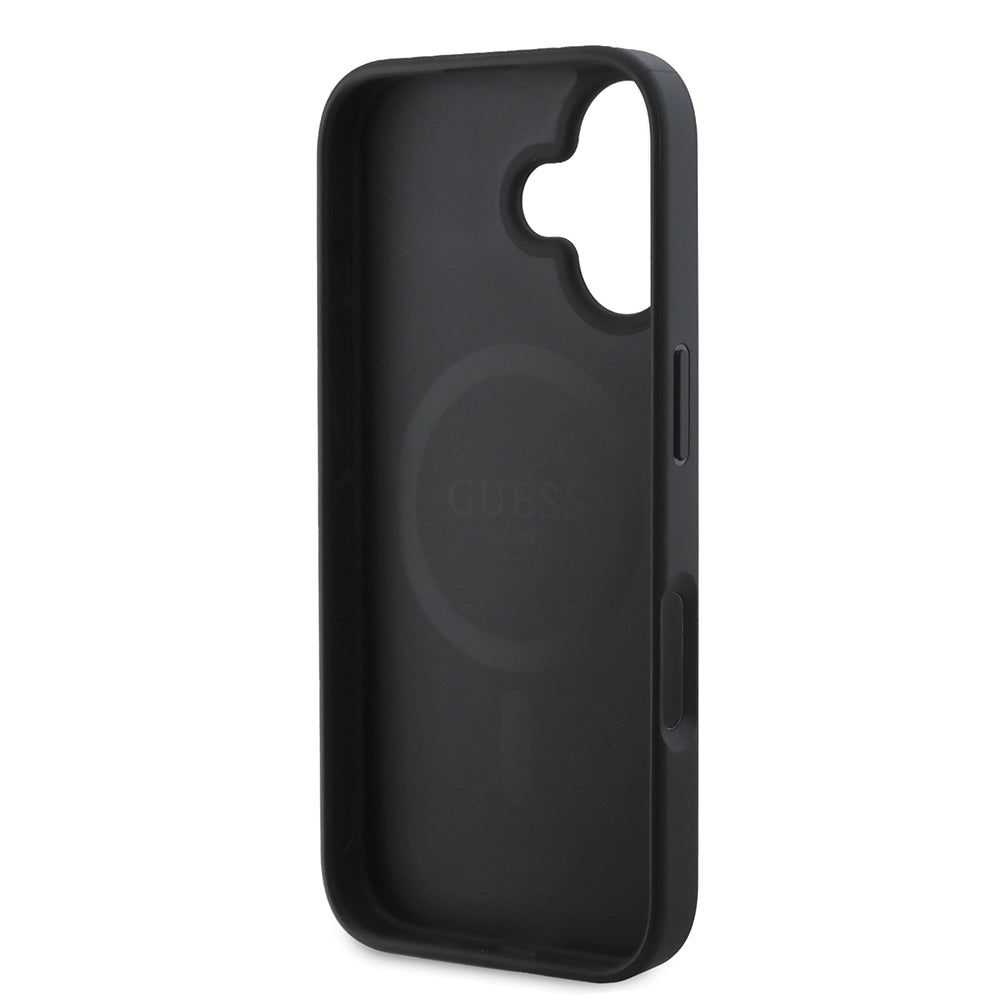 Apple iPhone 16 Plus Case Guess Original Licensed M-safe Charging Feature PU Triangle Logo 4G Patterned Cover Black