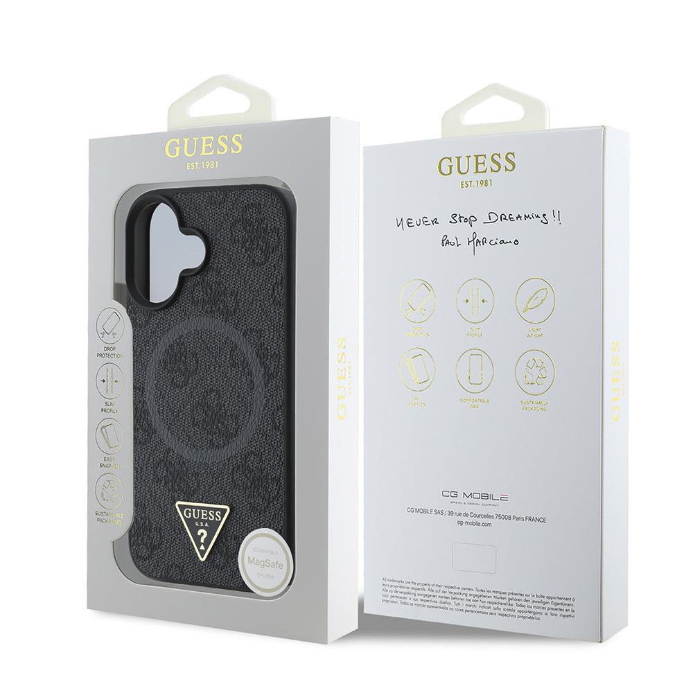 Apple iPhone 16 Plus Case Guess Original Licensed M-safe Charging Feature PU Triangle Logo 4G Patterned Cover Black