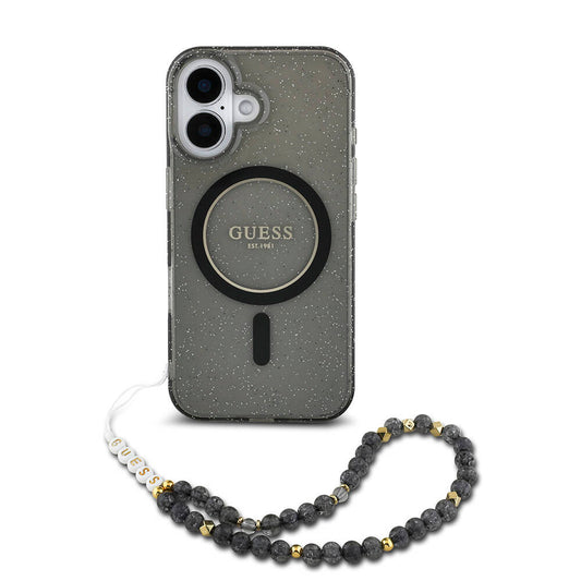 Apple iPhone 16 Plus Case Guess Original Licensed M-safe Charging Feature Glittery Silicone Pearl Bracelet Cover Black