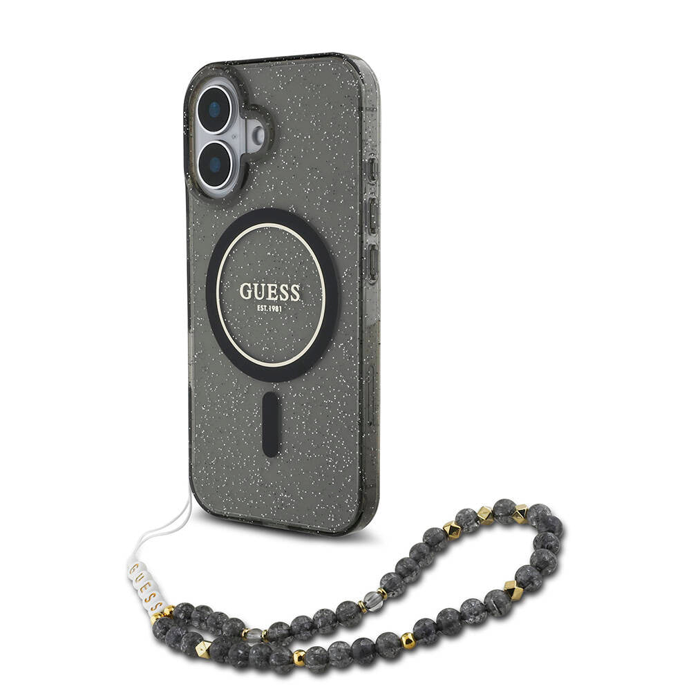 Apple iPhone 16 Plus Case Guess Original Licensed M-safe Charging Feature Glittery Silicone Pearl Bracelet Cover Transparent