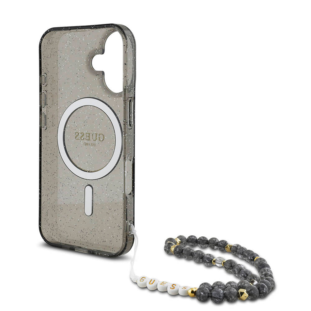 Apple iPhone 16 Plus Case Guess Original Licensed M-safe Charging Feature Glittery Silicone Pearl Bracelet Cover Pink