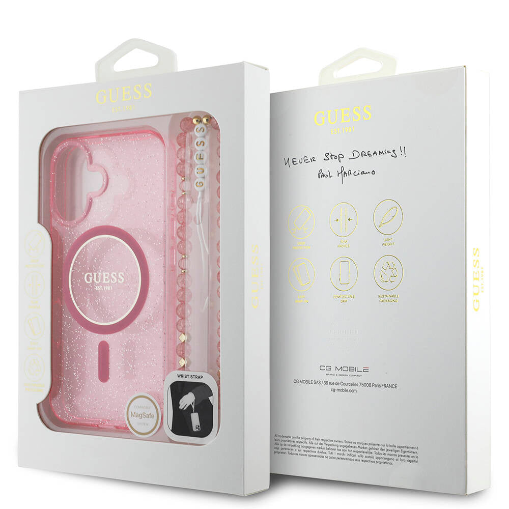 Apple iPhone 16 Plus Case Guess Original Licensed M-safe Charging Feature Glittery Silicone Pearl Bracelet Cover Pink
