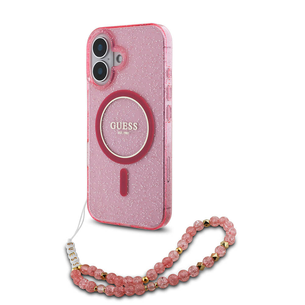 Apple iPhone 16 Plus Case Guess Original Licensed M-safe Charging Feature Glittery Silicone Pearl Bracelet Cover Transparent