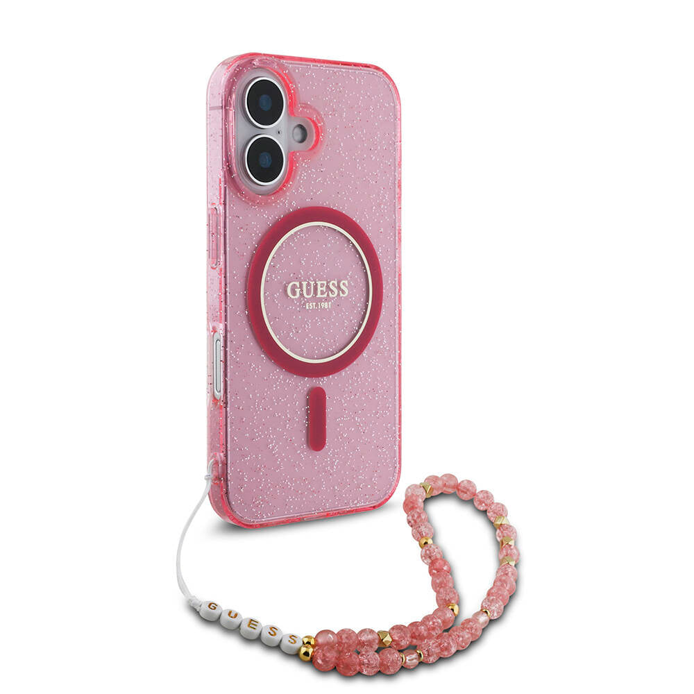 Apple iPhone 16 Plus Case Guess Original Licensed M-safe Charging Feature Glittery Silicone Pearl Bracelet Cover Pink