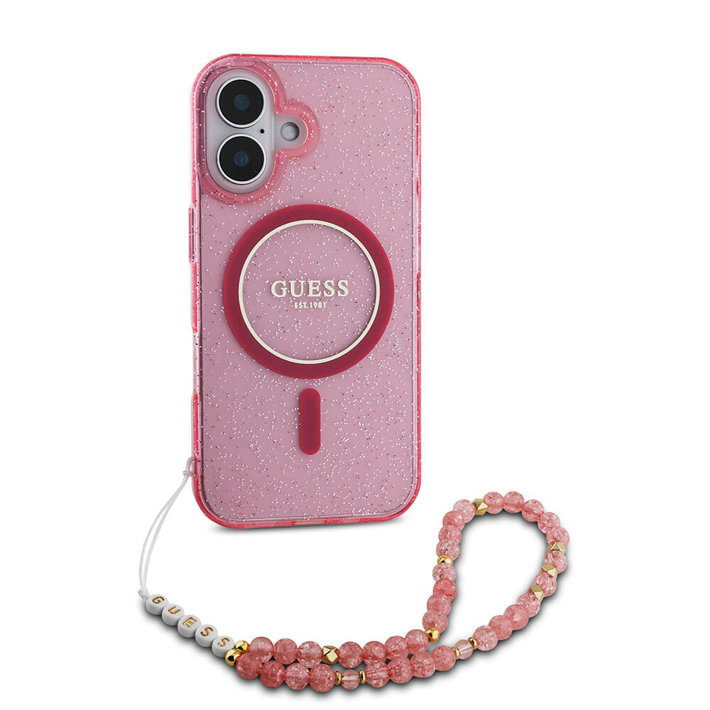 Apple iPhone 16 Plus Case Guess Original Licensed M-safe Charging Feature Glittery Silicone Pearl Bracelet Cover Pink