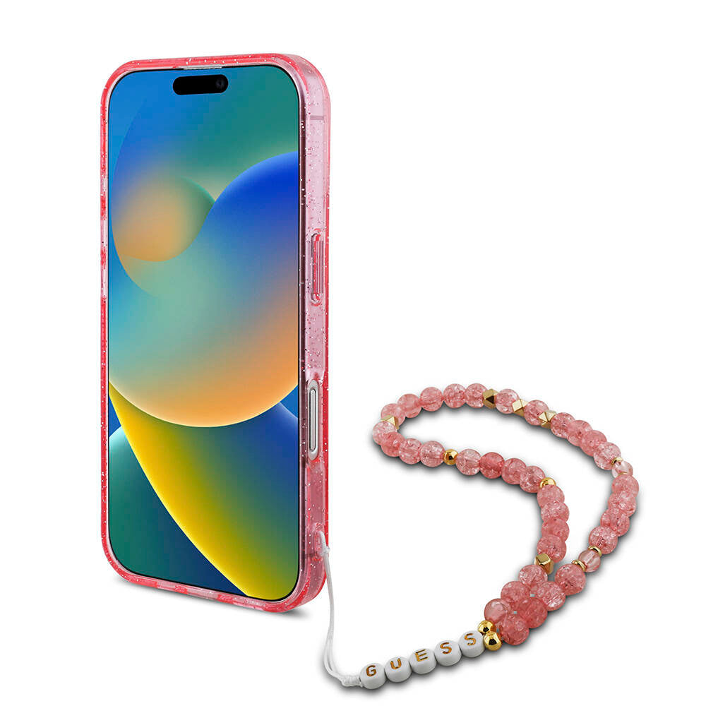 Apple iPhone 16 Plus Case Guess Original Licensed M-safe Charging Feature Glittery Silicone Pearl Bracelet Cover Pink