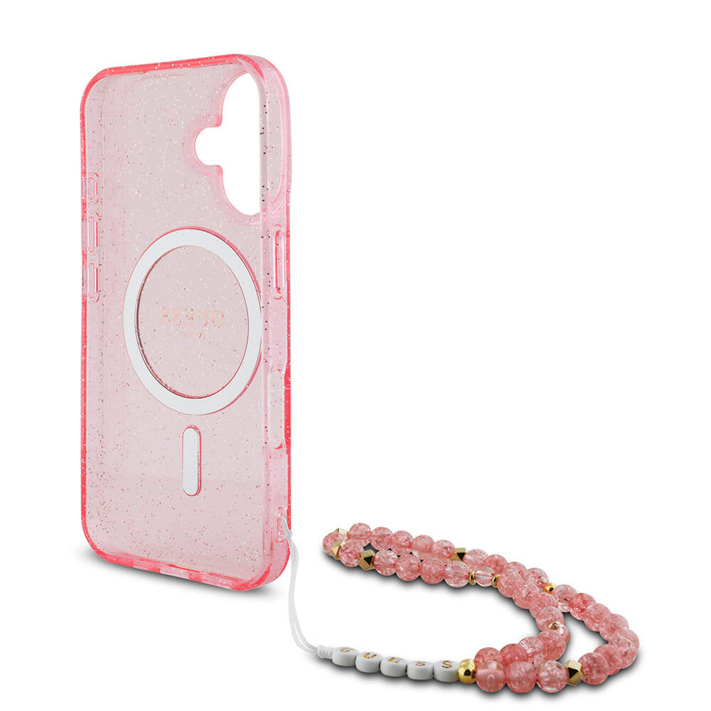 Apple iPhone 16 Plus Case Guess Original Licensed M-safe Charging Feature Glittery Silicone Pearl Bracelet Cover Pink
