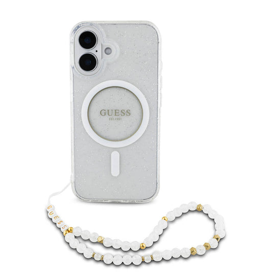 Apple iPhone 16 Plus Case Guess Original Licensed M-safe Charging Feature Glittery Silicone Pearl Bracelet Cover Transparent