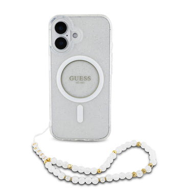 Apple iPhone 16 Plus Case Guess Original Licensed M-safe Charging Feature Glittery Silicone Pearl Bracelet Cover Transparent